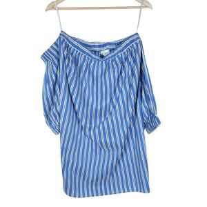 Milly Dress Small Blue White Striped Silk Blend Half Sleeve Off Shoulder Mini